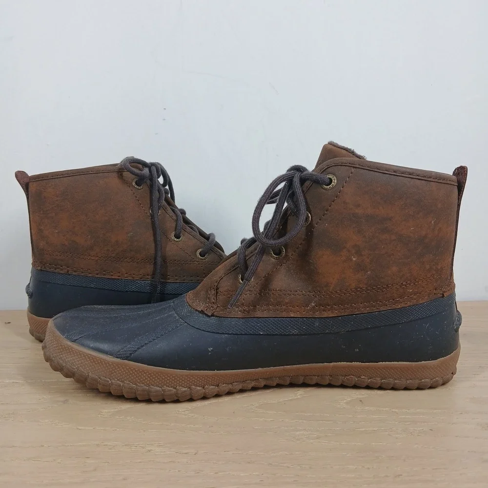 Sperry Duck Boots Mens 9.5 Brown Navy Leather Waterproof Lace Up Winter Boots